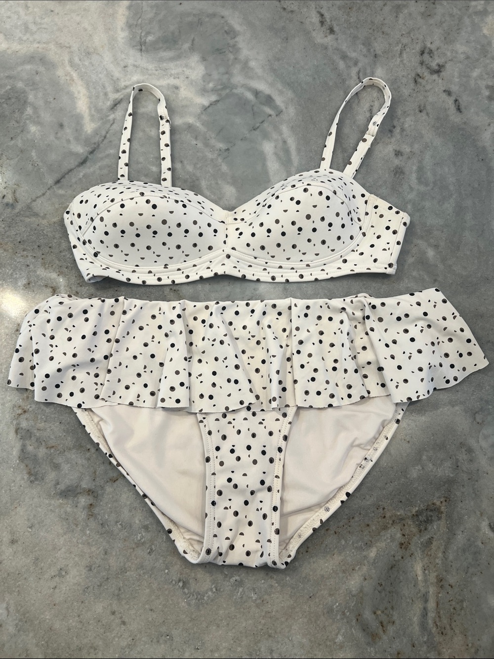 DKNY White with Black & Brown Polka Dot Ruffle Bikini Set